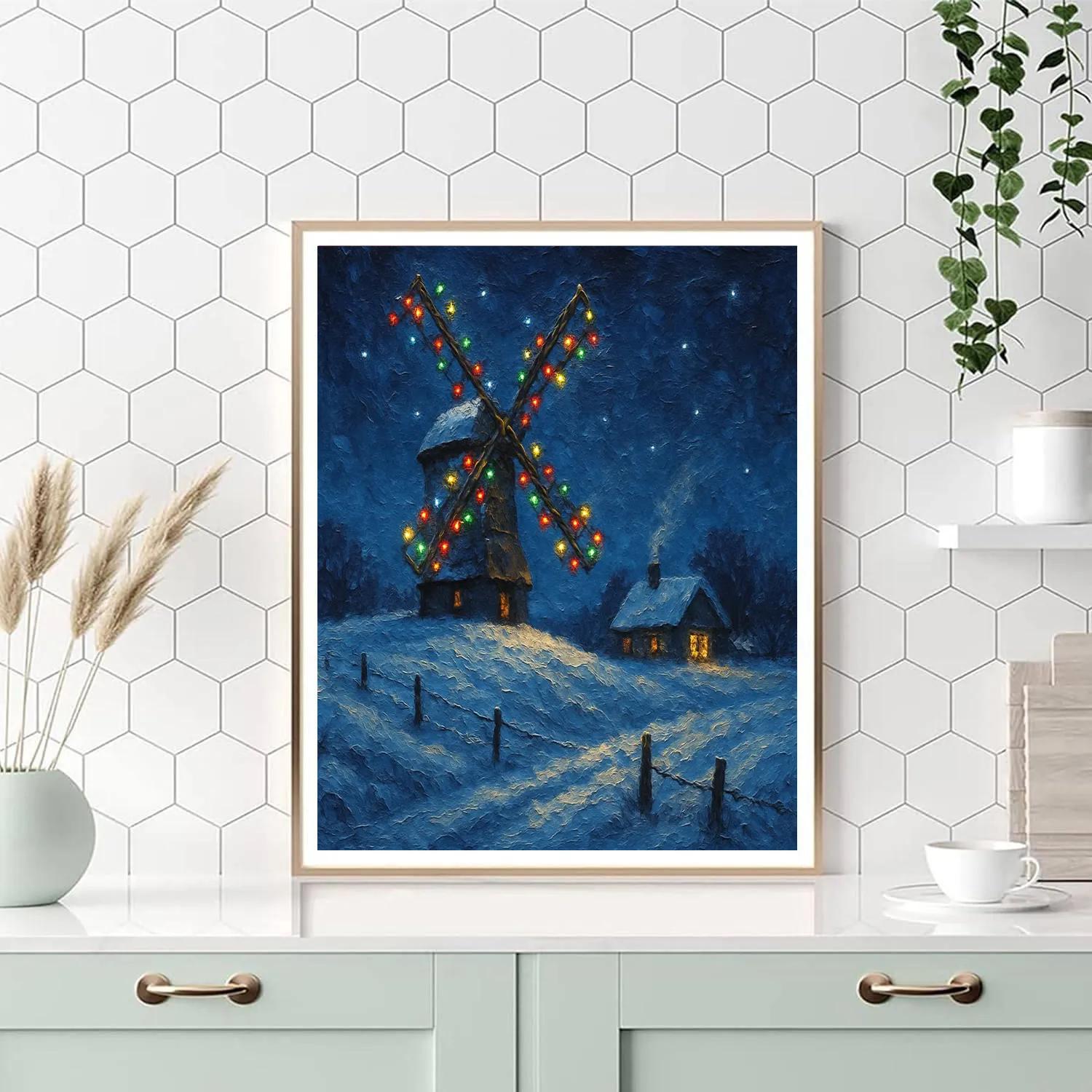 Snowbound Windmill Christmas Lights Paint by numbers art