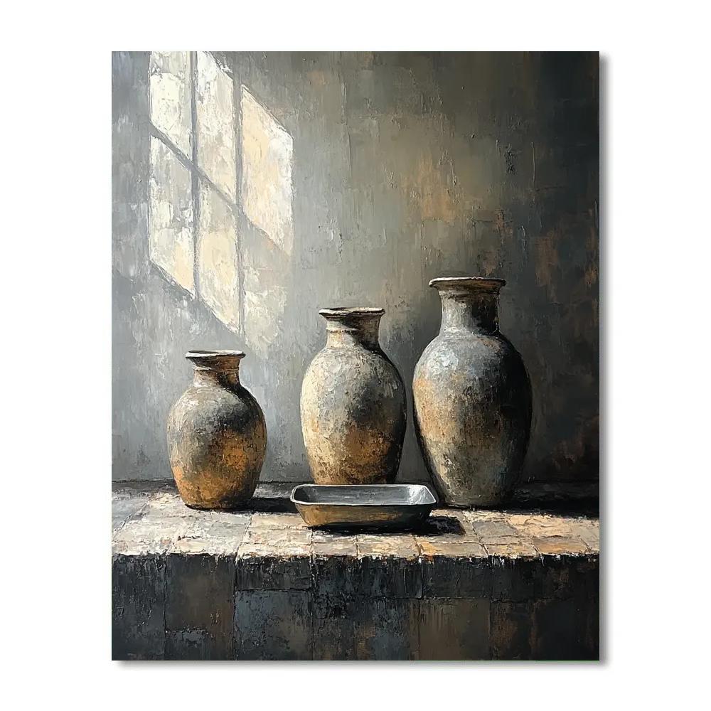 Diego Velázquez Inspired Silvery Bodegon Of Earthenware Jars In Mist Light Paint by numbers kits