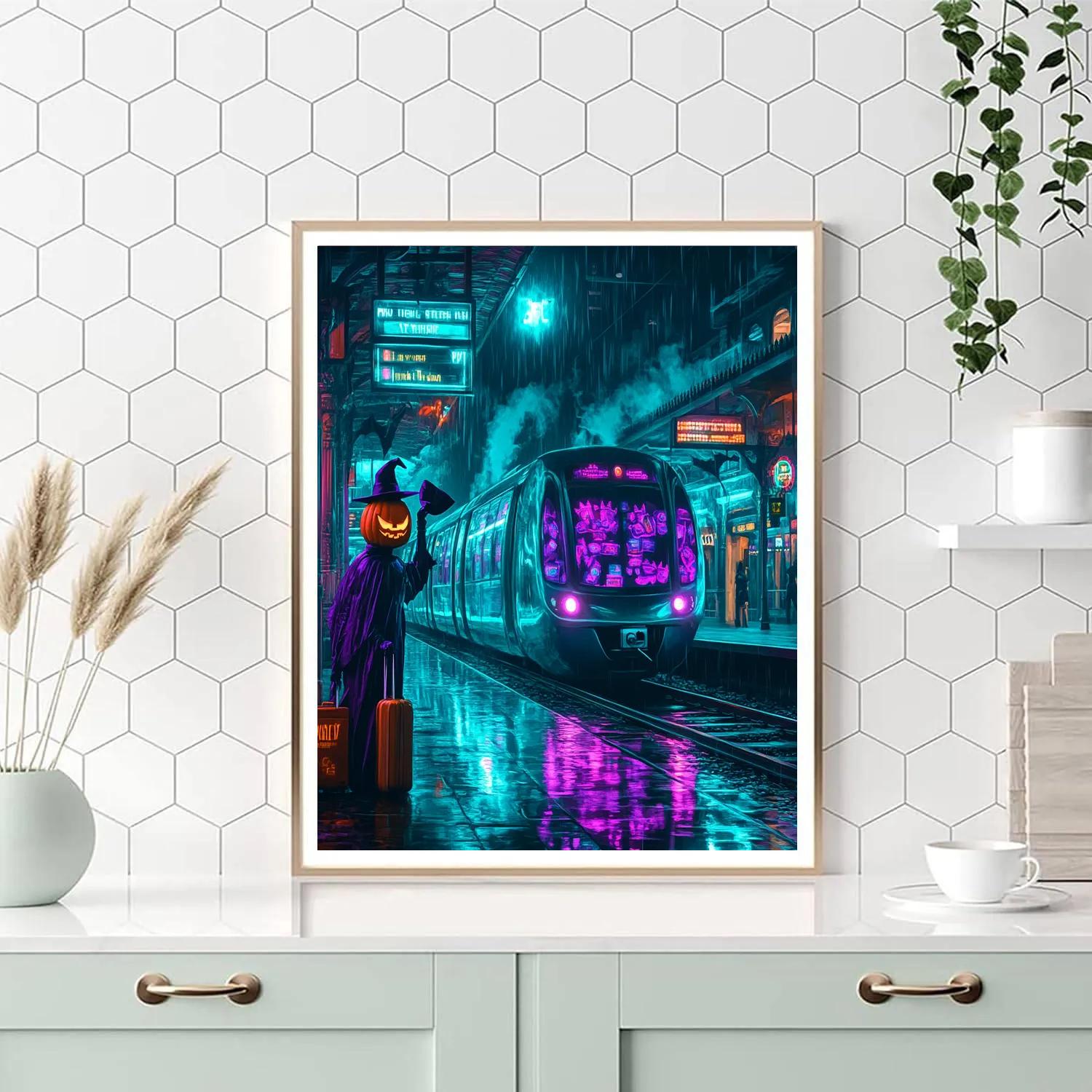 Midnight Train Platform With Halloween Echoes painting number kit
