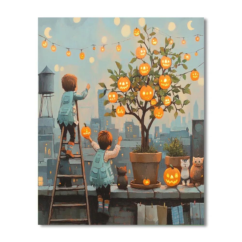 Haunted Rooftop Orchard Under Paper Moons DIY paint by numbers