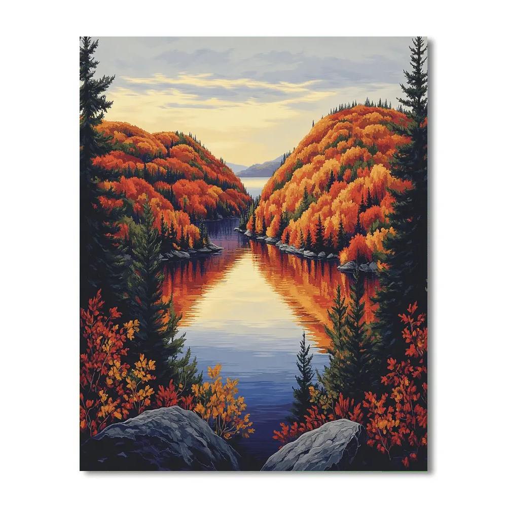 Franklin Carmichael Inspired Autumn Fire Hills Above Glassy Inlet Number painting