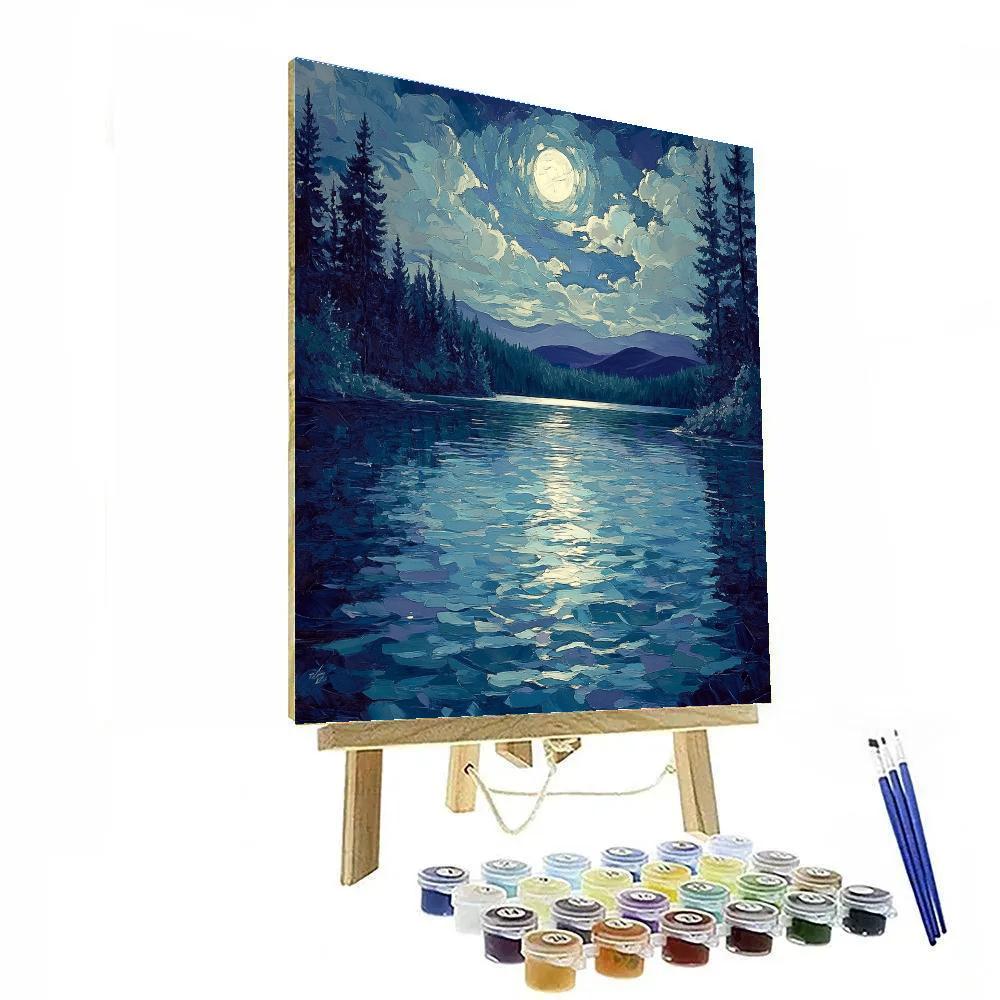 J. E. H. MacDonald Inspired Moonlit Pines On A Shimmering Lake Paint by numbers art