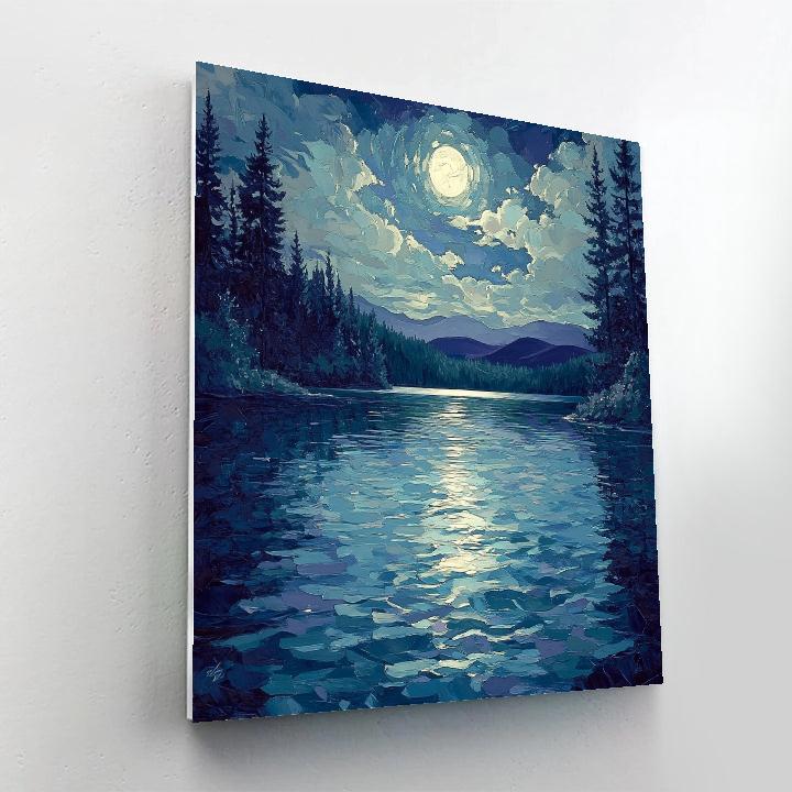 J. E. H. MacDonald Inspired Moonlit Pines On A Shimmering Lake Paint by numbers art