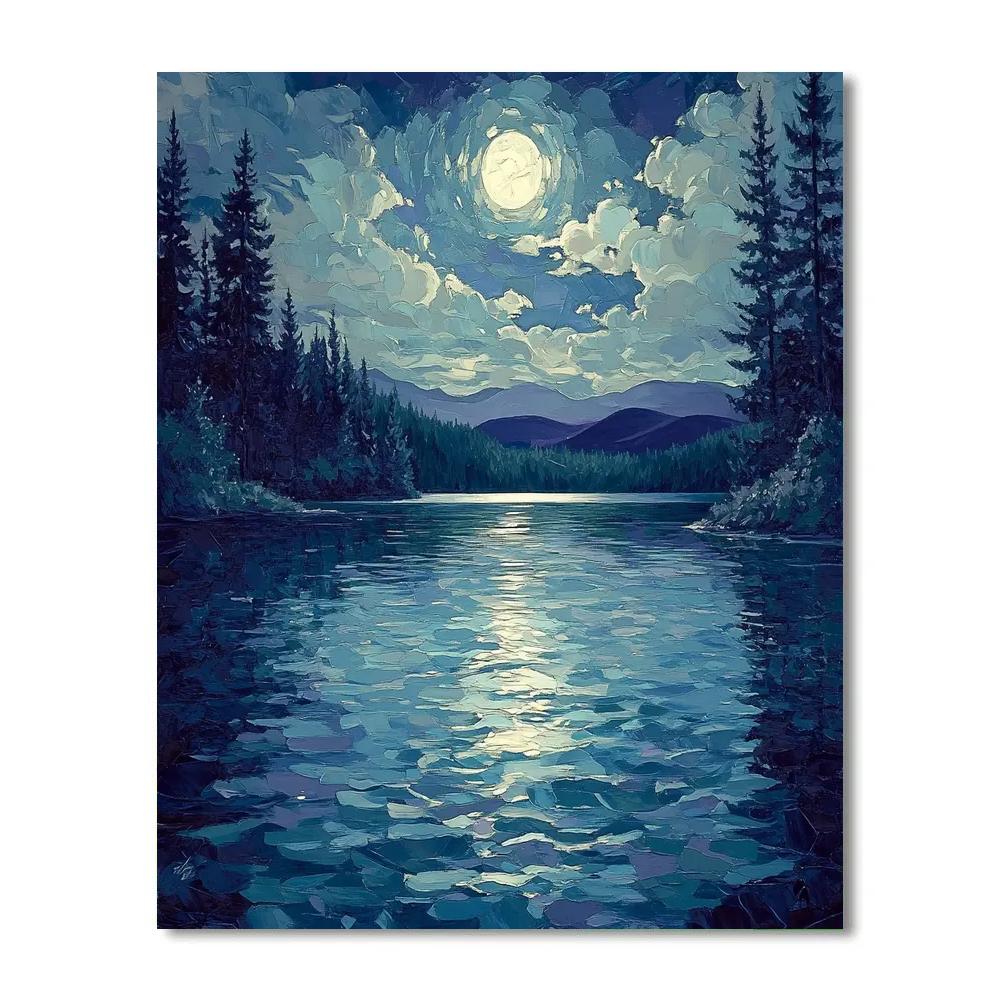J. E. H. MacDonald Inspired Moonlit Pines On A Shimmering Lake Paint by numbers art