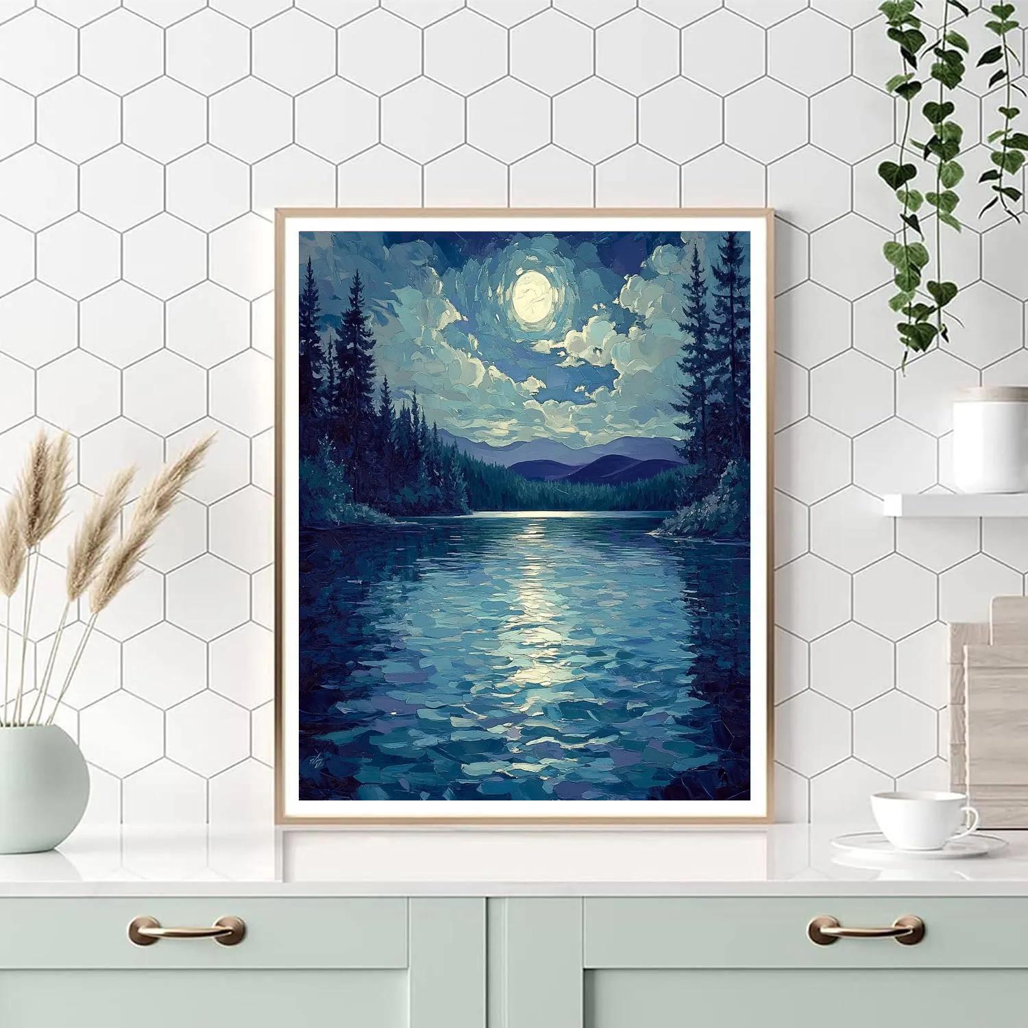 J. E. H. MacDonald Inspired Moonlit Pines On A Shimmering Lake Paint by numbers art