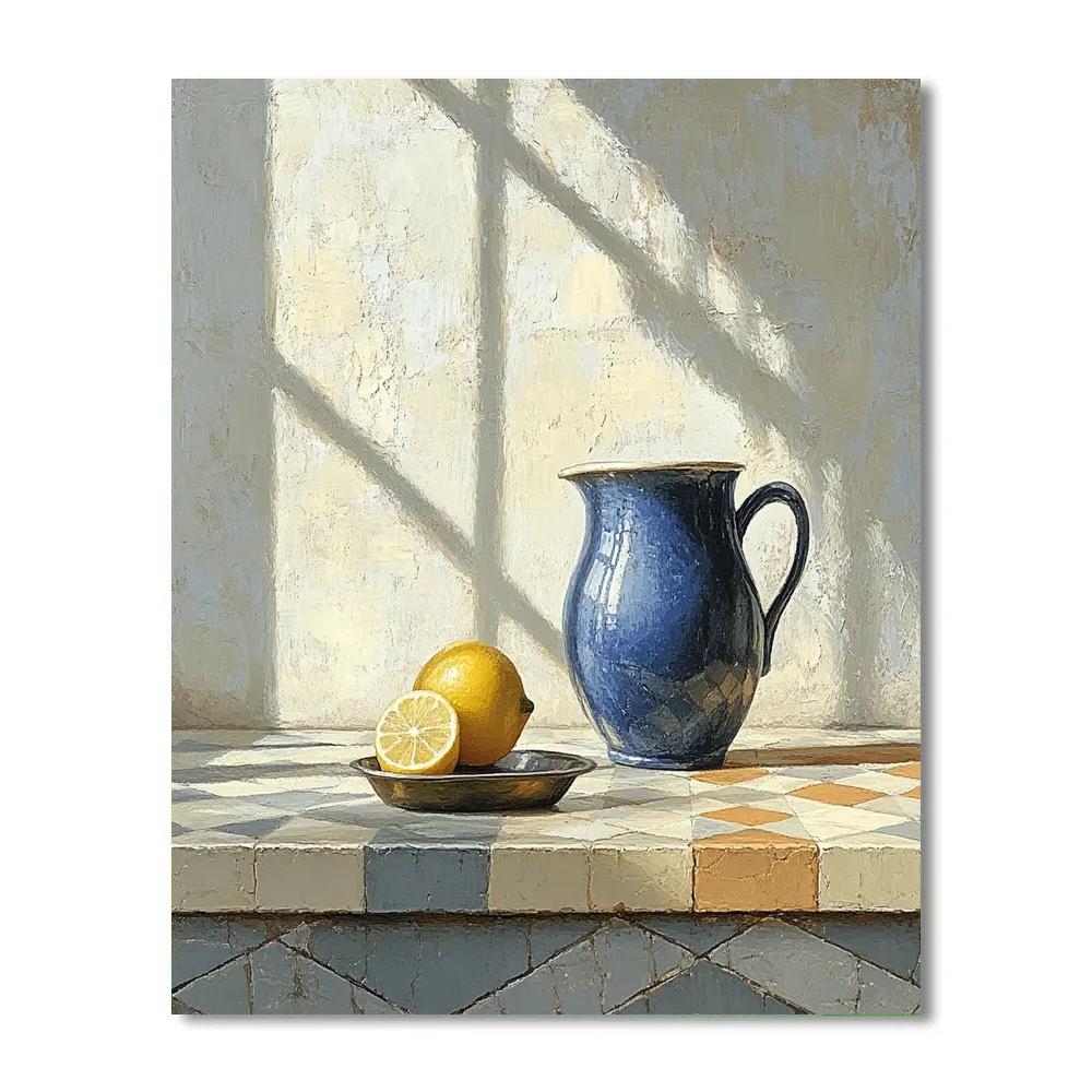 Johannes Vermeer Inspired Lapis Pitcher And Lemon On Sunlit Tile Paint by numbers art