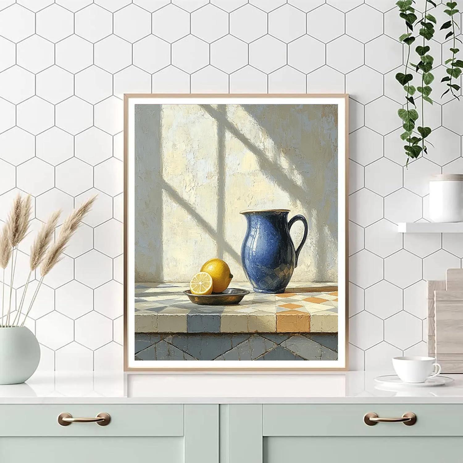 Johannes Vermeer Inspired Lapis Pitcher And Lemon On Sunlit Tile Paint by numbers art