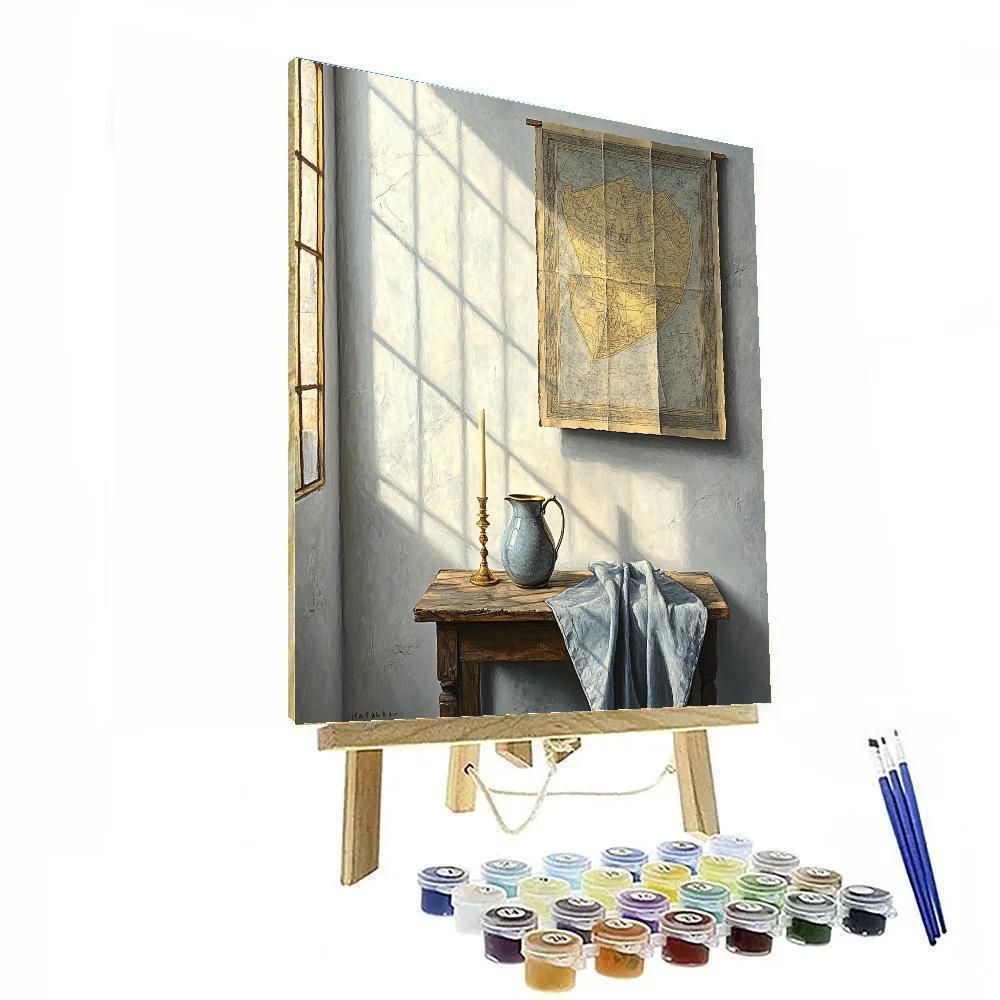 Johannes Vermeer Inspired Quiet Room With Map, Pearl Wall, And Light Beam paint by numbers