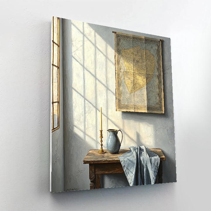 Johannes Vermeer Inspired Quiet Room With Map, Pearl Wall, And Light Beam paint by numbers
