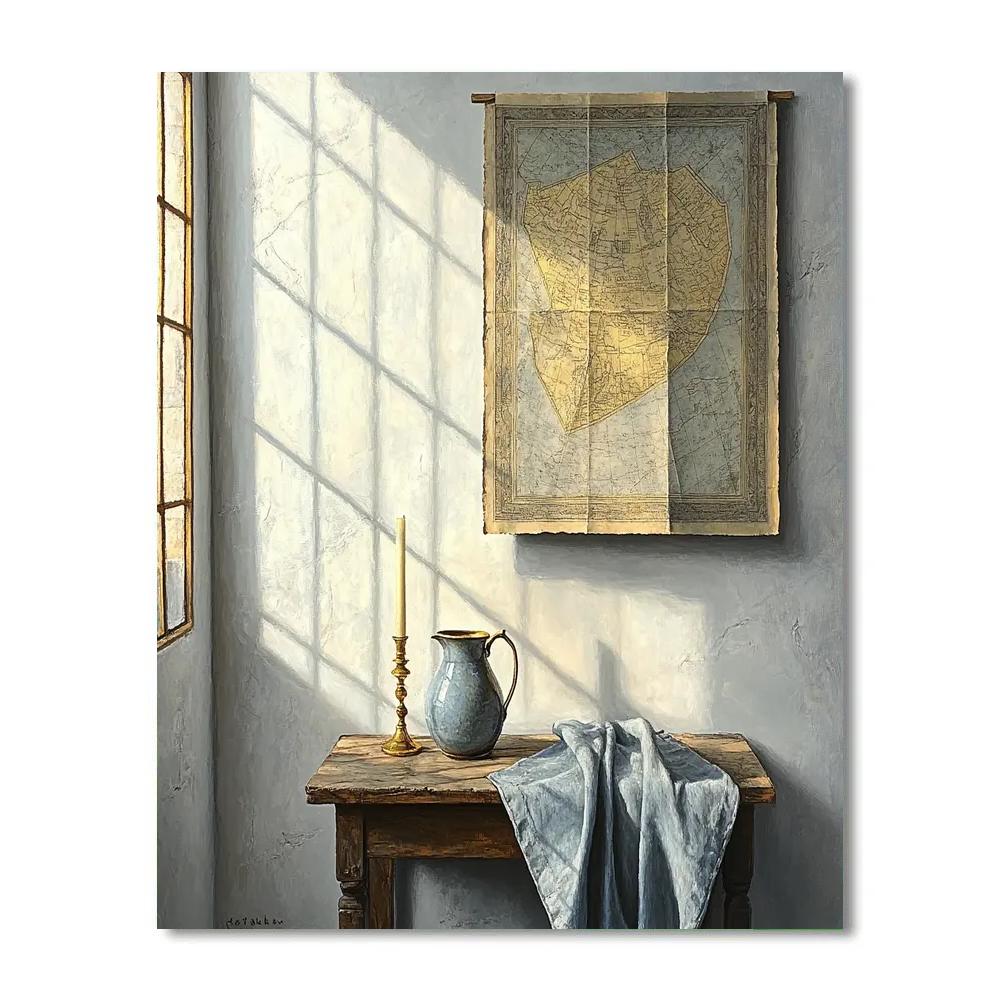 Johannes Vermeer Inspired Quiet Room With Map, Pearl Wall, And Light Beam paint by numbers
