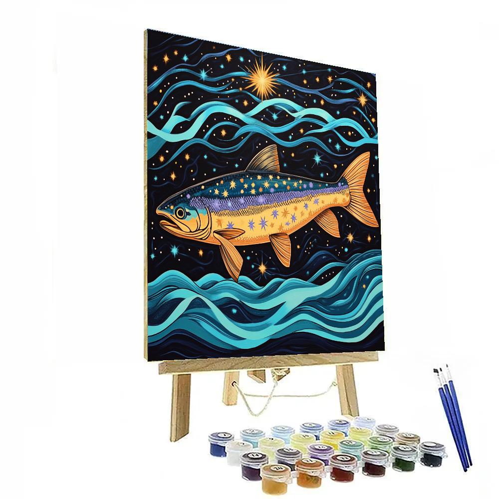 Norval Morrisseau Inspired Meteor Salmon Of River Star Trails paint by color