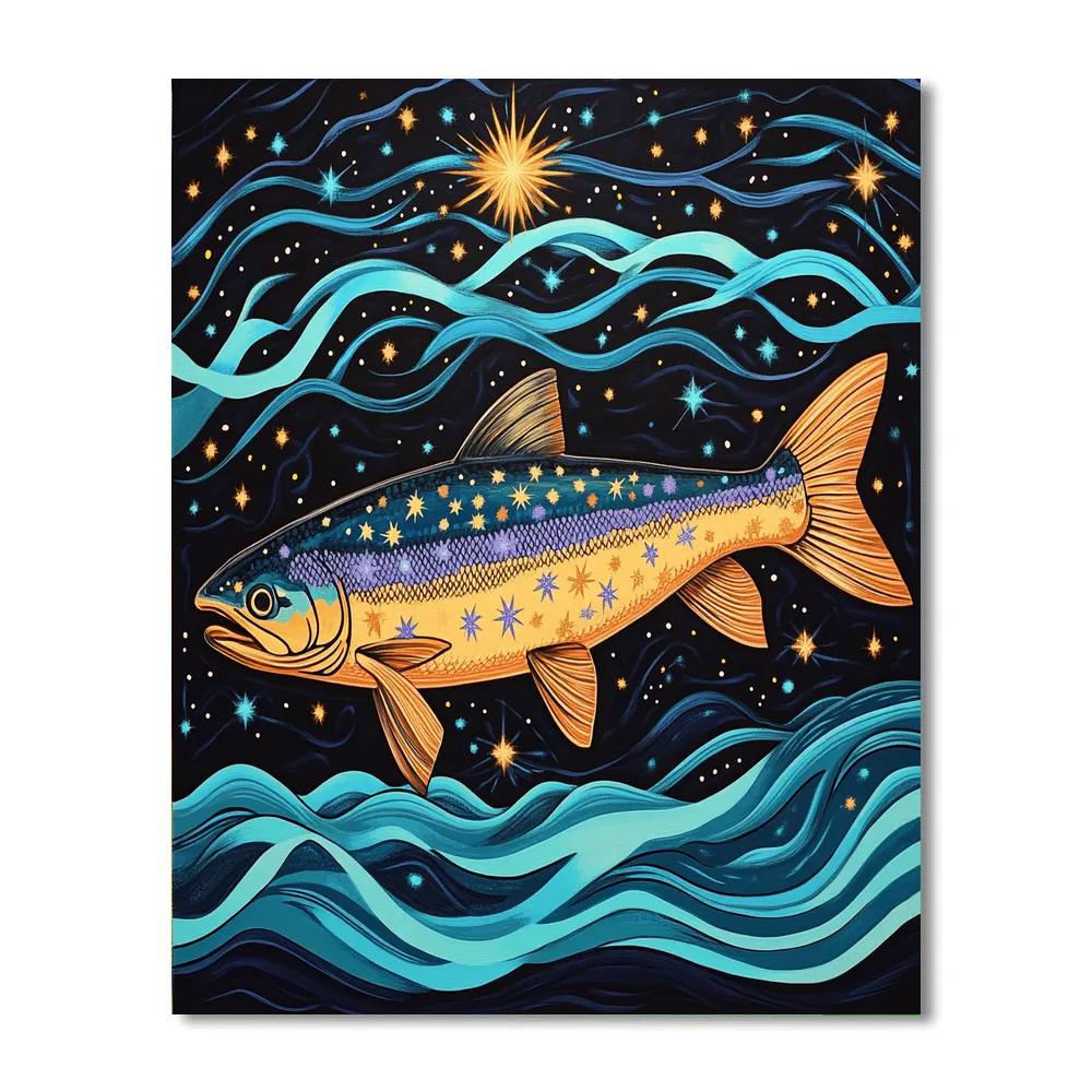 Norval Morrisseau Inspired Meteor Salmon Of River Star Trails paint by color