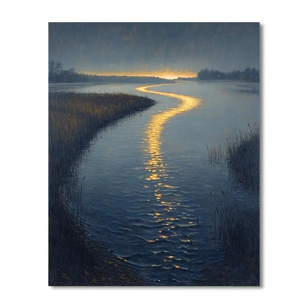 Rembrandt Inspired River Bend With Candlelit Horizon Glow Painting by numbers kit