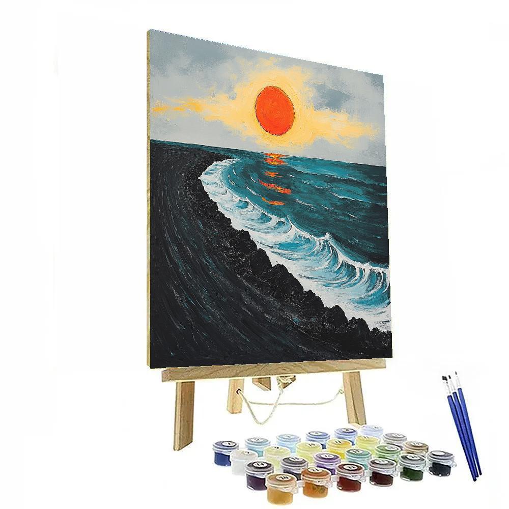Edvard Munch Inspired Burning Midnight Sun Over Black Sand Shore Numbered painting kits