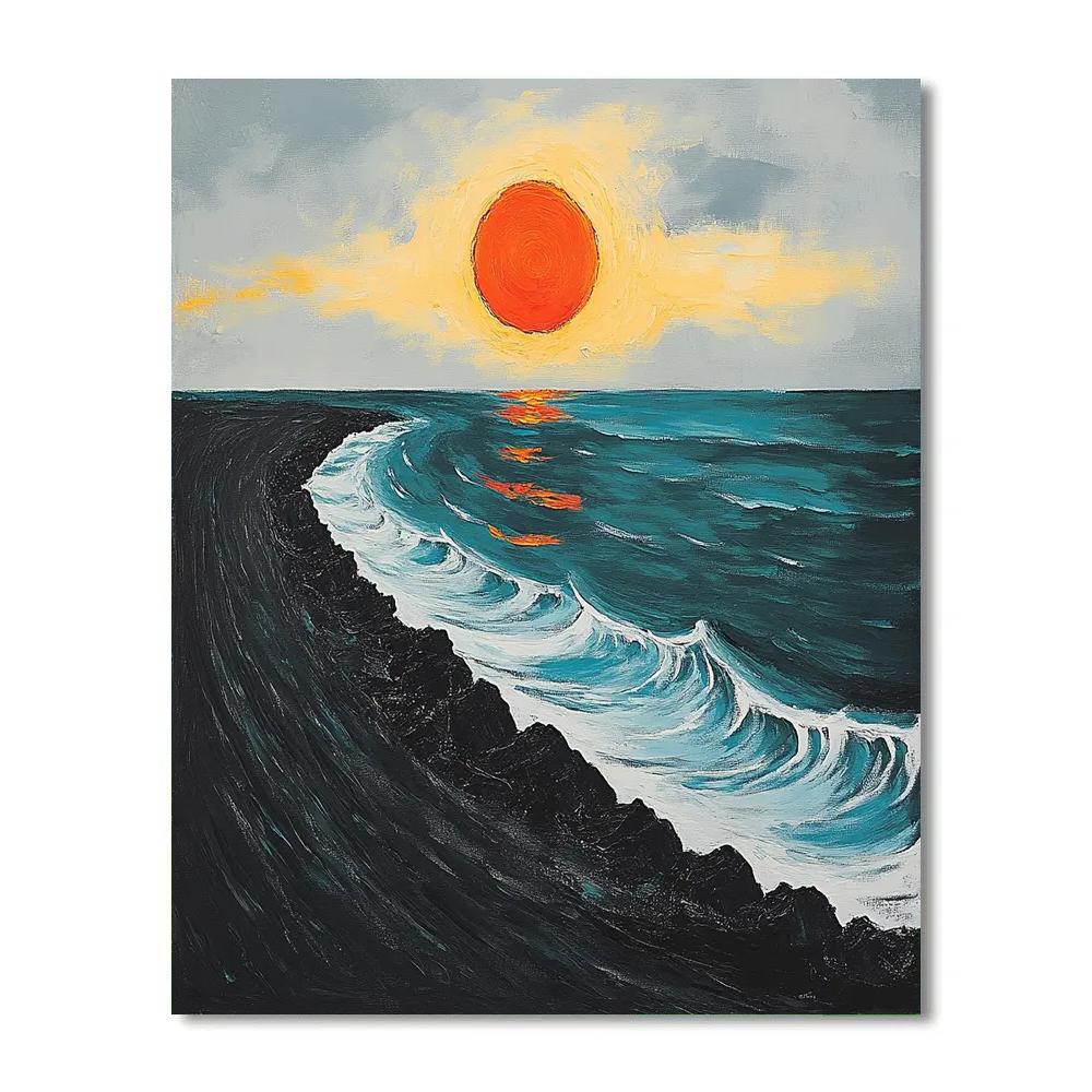 Edvard Munch Inspired Burning Midnight Sun Over Black Sand Shore Numbered painting kits