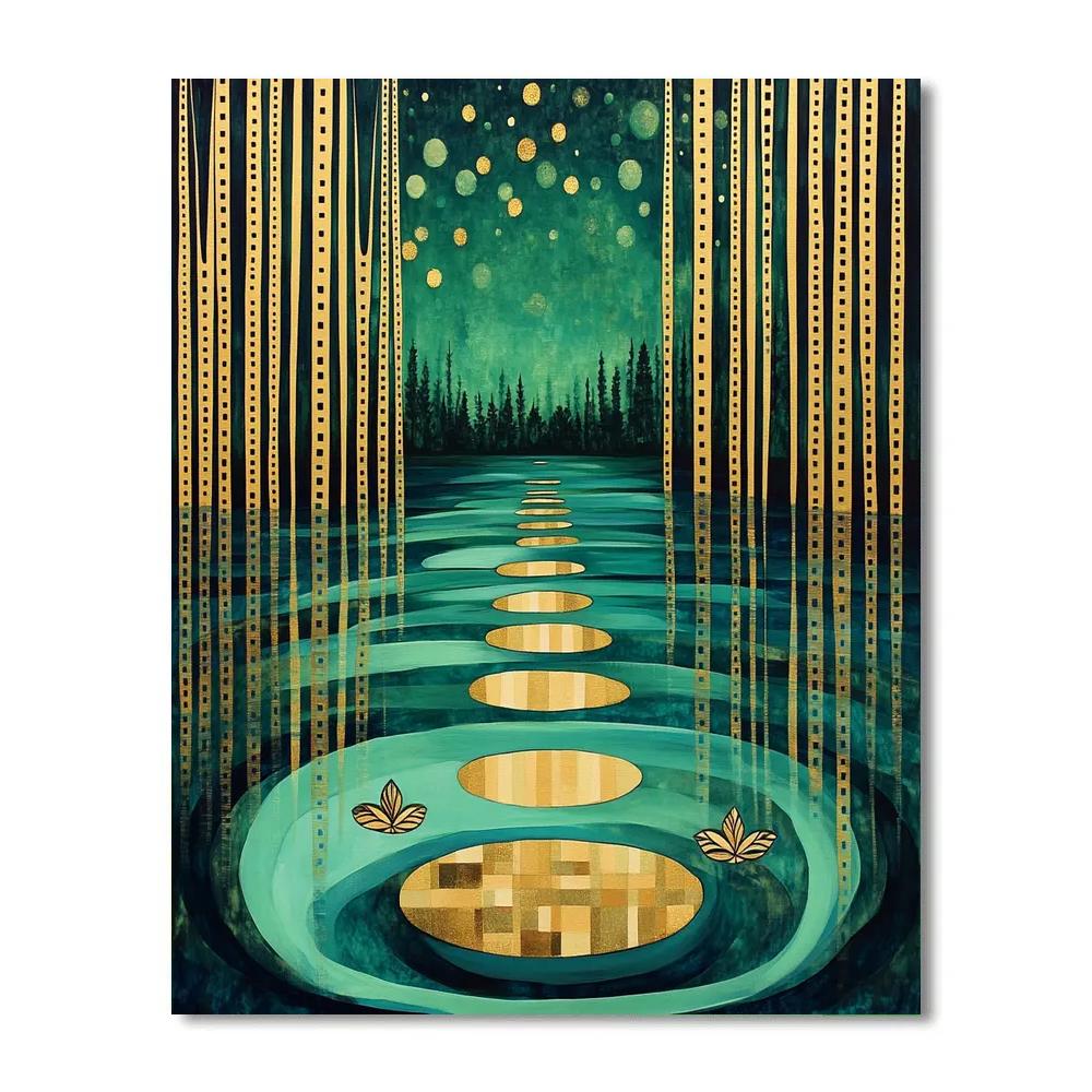 Gustav Klimt Inspired Emerald Lake With Golden Ripples DIY paint by numbers