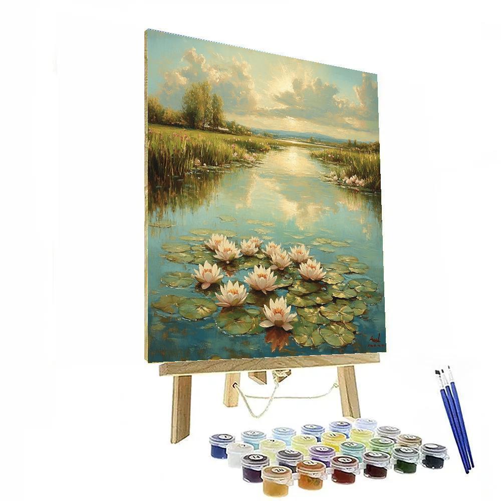 Claude Monet Inspired Lily Pool Under Clouded Sun paint by color