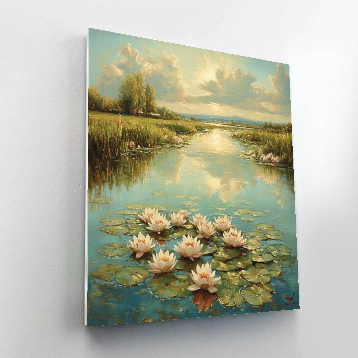 Claude Monet Inspired Lily Pool Under Clouded Sun paint by color