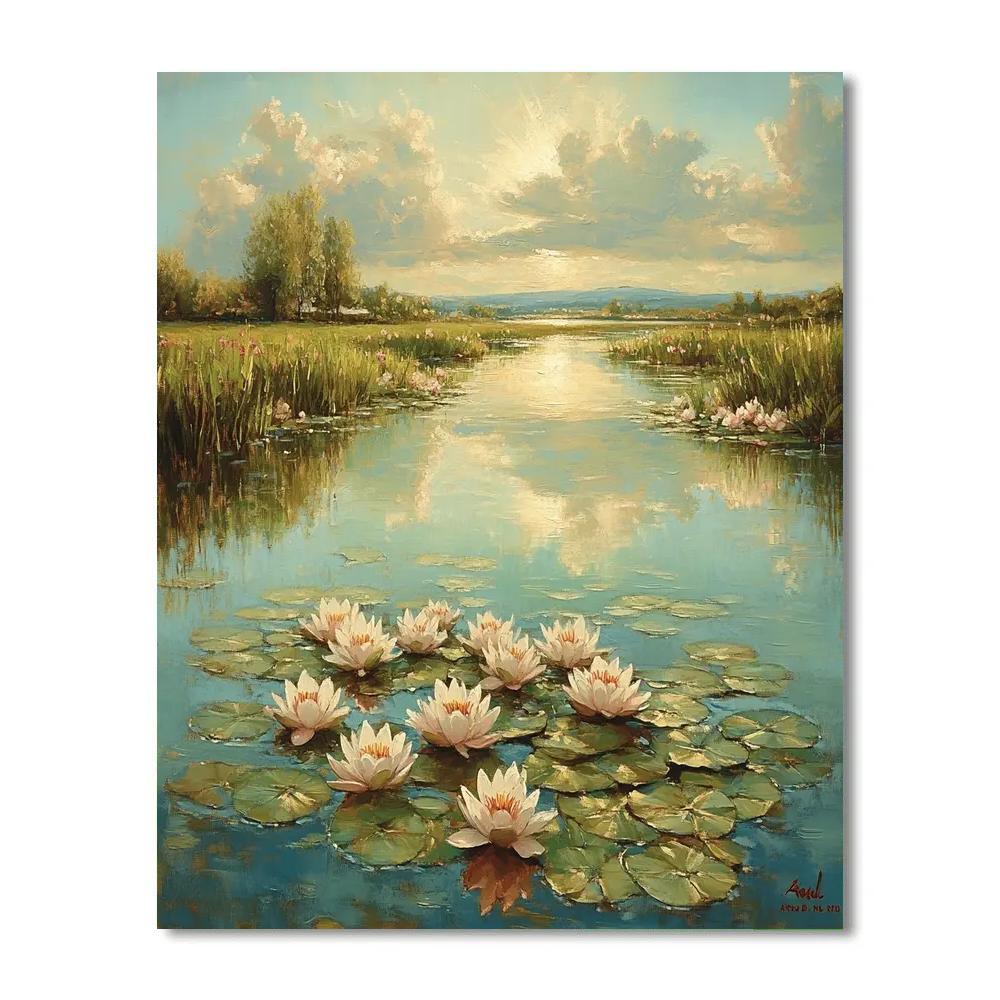 Claude Monet Inspired Lily Pool Under Clouded Sun paint by color