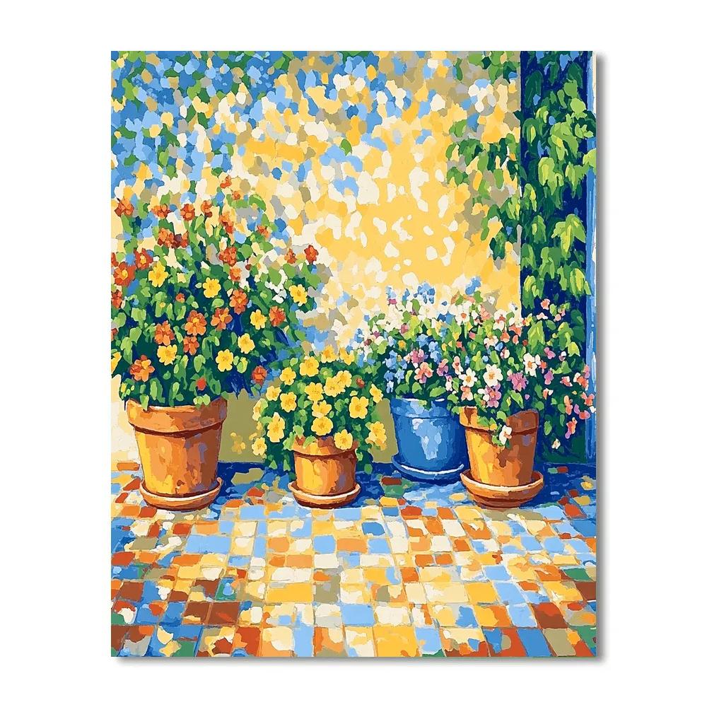 Claude Monet Inspired Sunlit Terrace With Potted Blooms Paint by numbers art