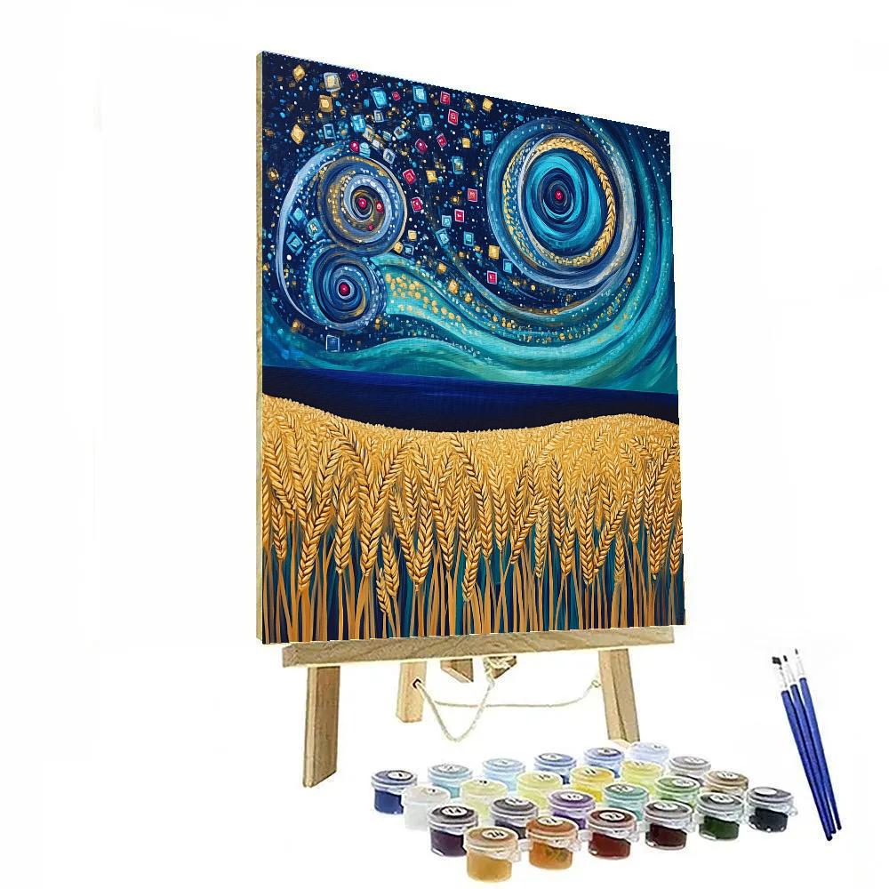 Gustav Klimt Inspired Spiral Galaxy Over Wheatfield paint by number
