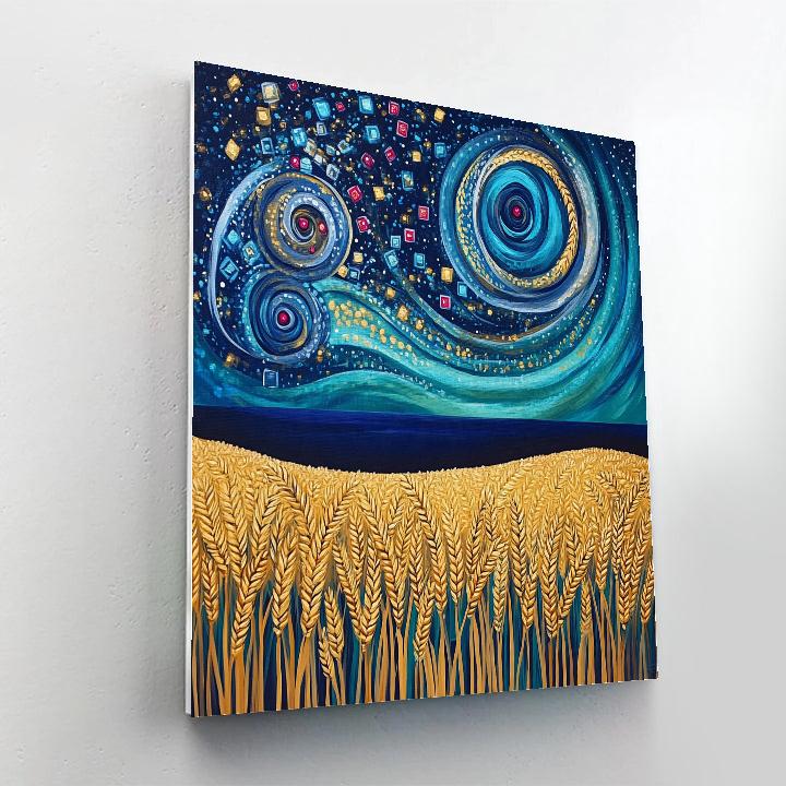 Gustav Klimt Inspired Spiral Galaxy Over Wheatfield paint by number
