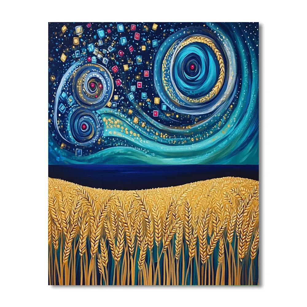 Gustav Klimt Inspired Spiral Galaxy Over Wheatfield paint by number