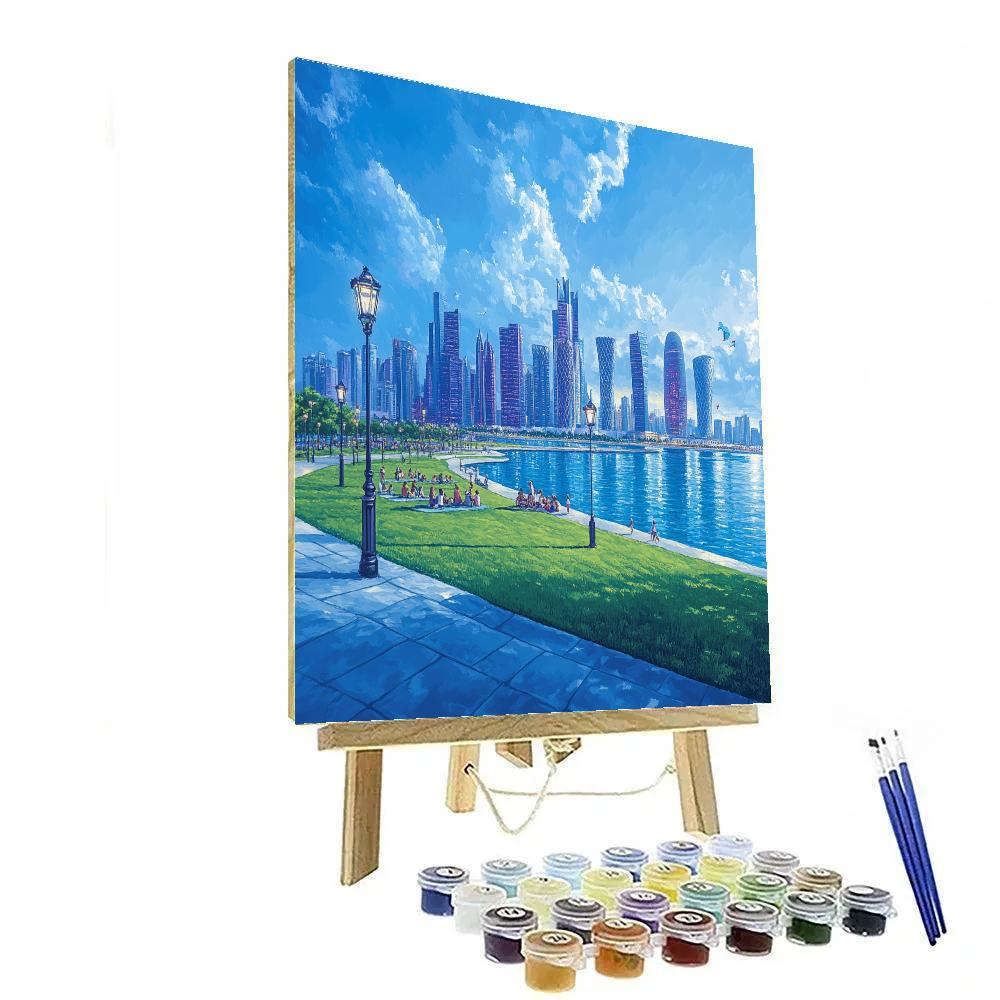 Night Skyline Of Doha From MIA Park Peninsula Doha Qatar paint by color