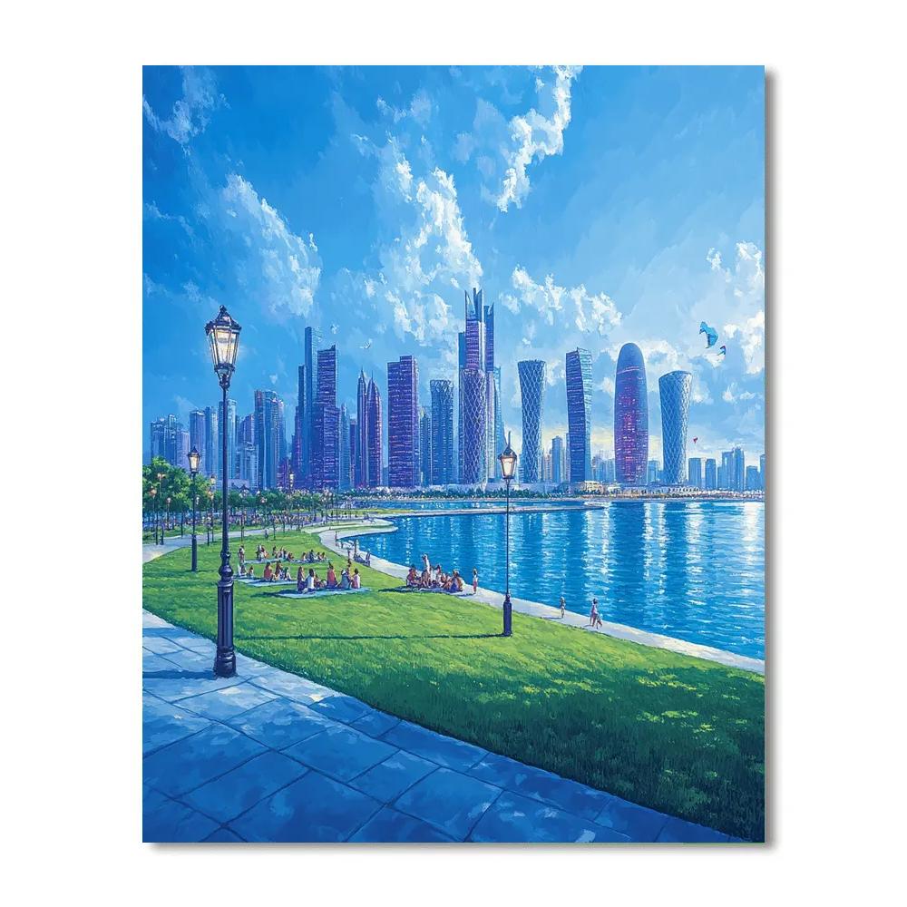 Night Skyline Of Doha From MIA Park Peninsula Doha Qatar paint by color