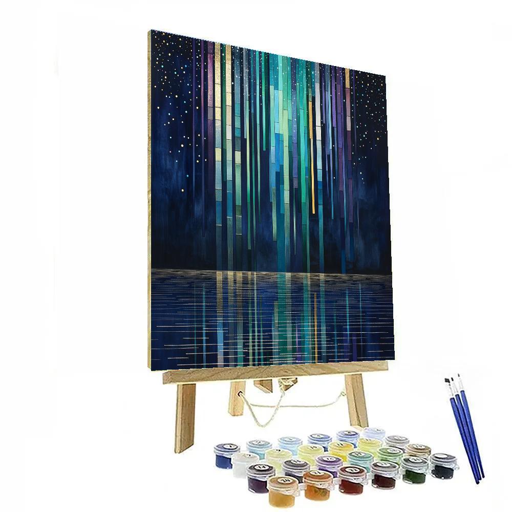 Gustav Klimt Inspired Golden Aurora Over Lake paint by number