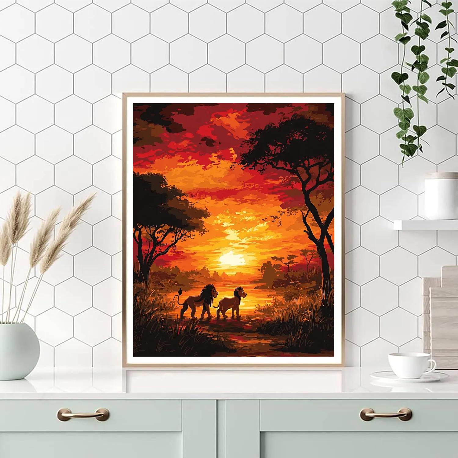 Simba And Timon’s Sunset Savannah Stroll Disney Inspired Paint by numbers art