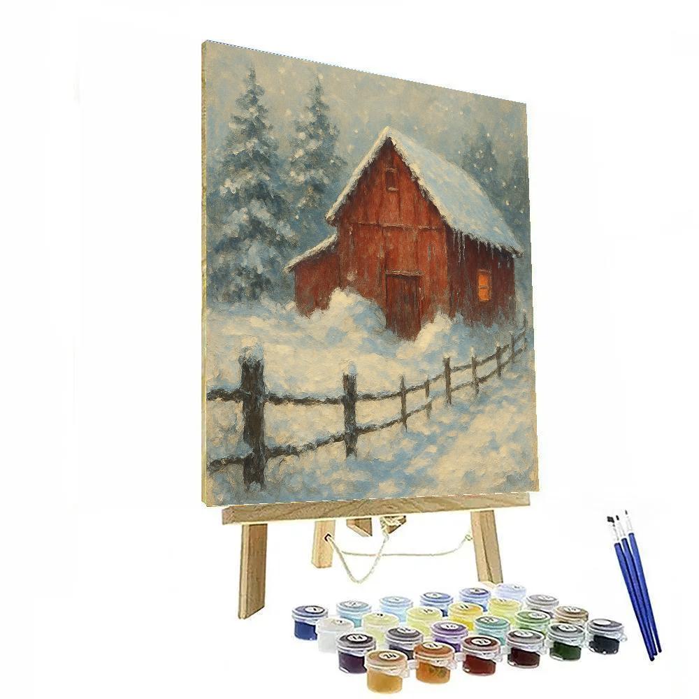 Red Barn Under Falling Snow Veil Paint by numbers art