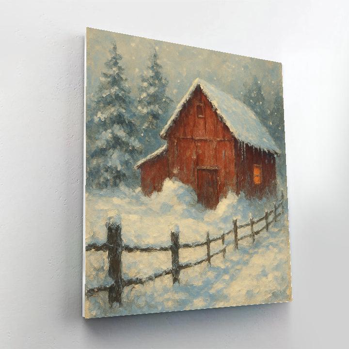 Red Barn Under Falling Snow Veil Paint by numbers art