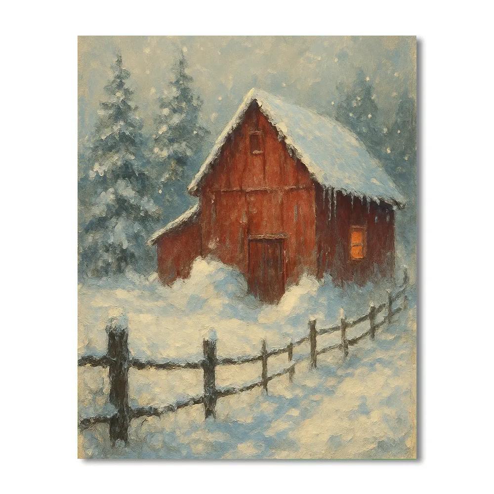 Red Barn Under Falling Snow Veil Paint by numbers art