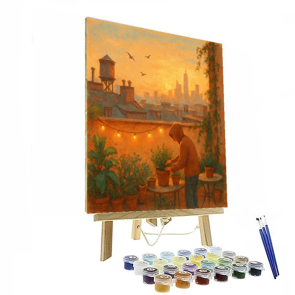 Rooftop Garden Overlooking A Golden Hour Skyline paint by number