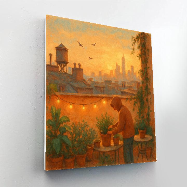 Rooftop Garden Overlooking A Golden Hour Skyline paint by number