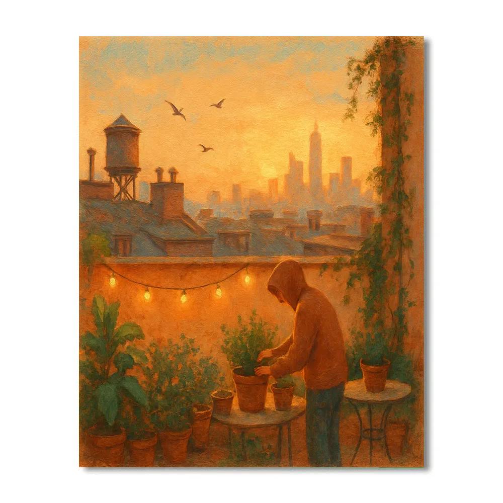 Rooftop Garden Overlooking A Golden Hour Skyline paint by number