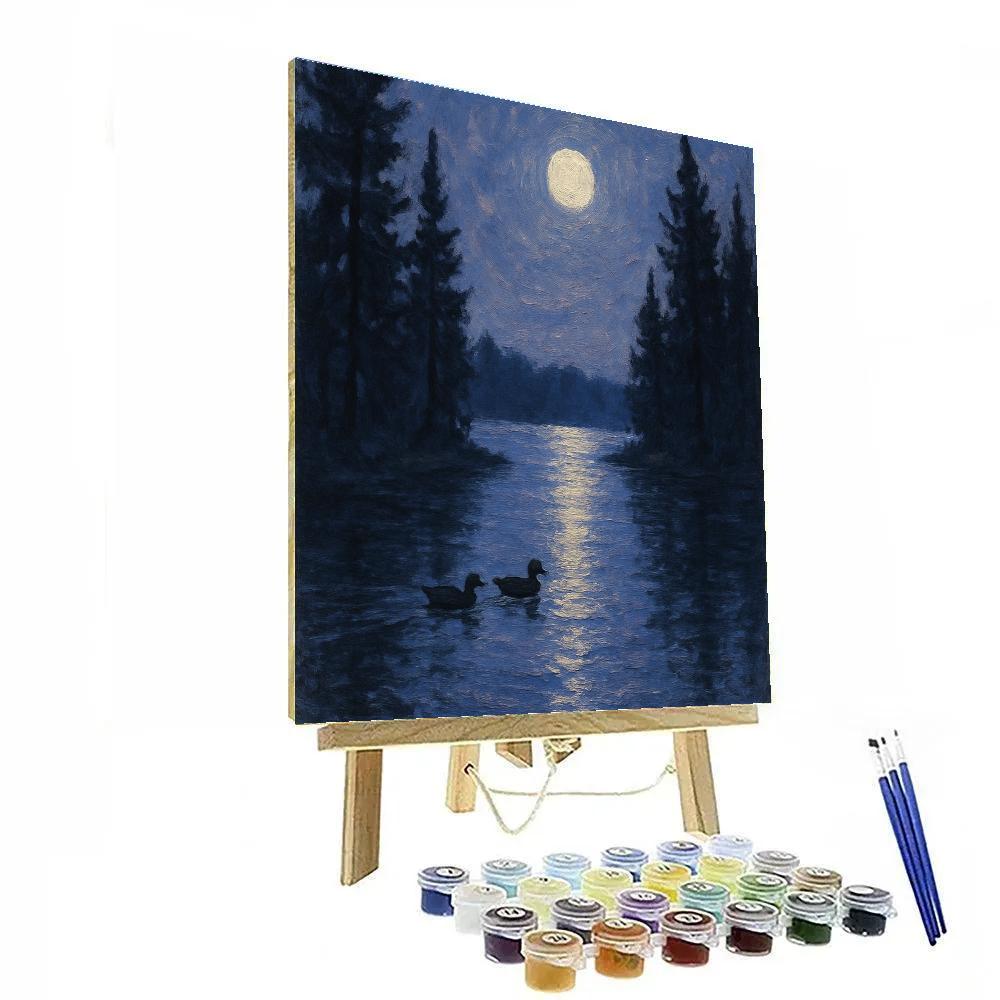 Moon Path Across Silent Pine Lake Number painting