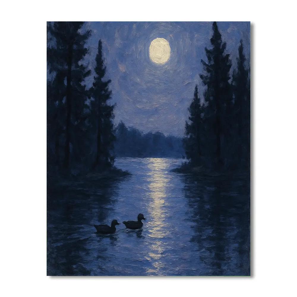 Moon Path Across Silent Pine Lake Number painting