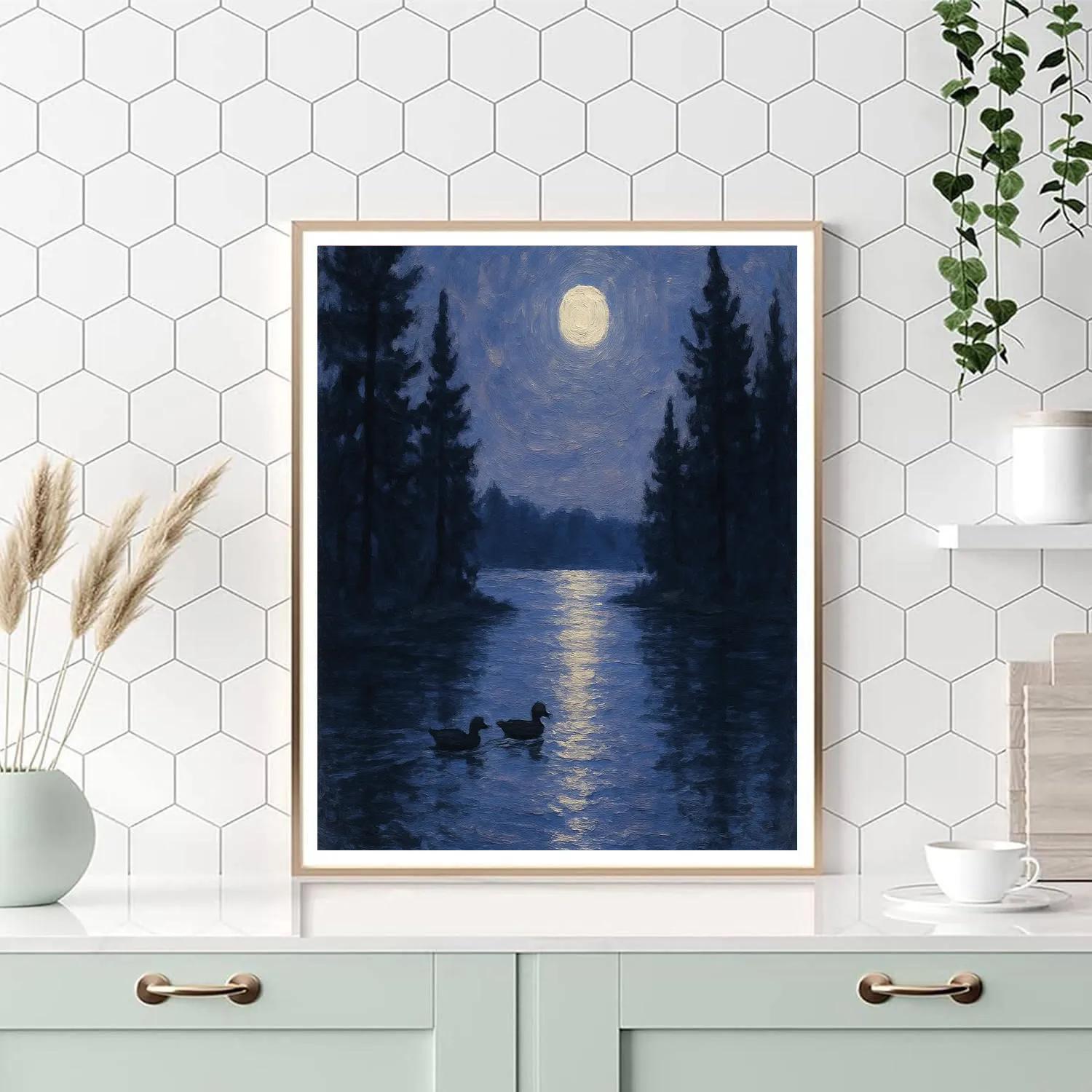 Moon Path Across Silent Pine Lake Number painting