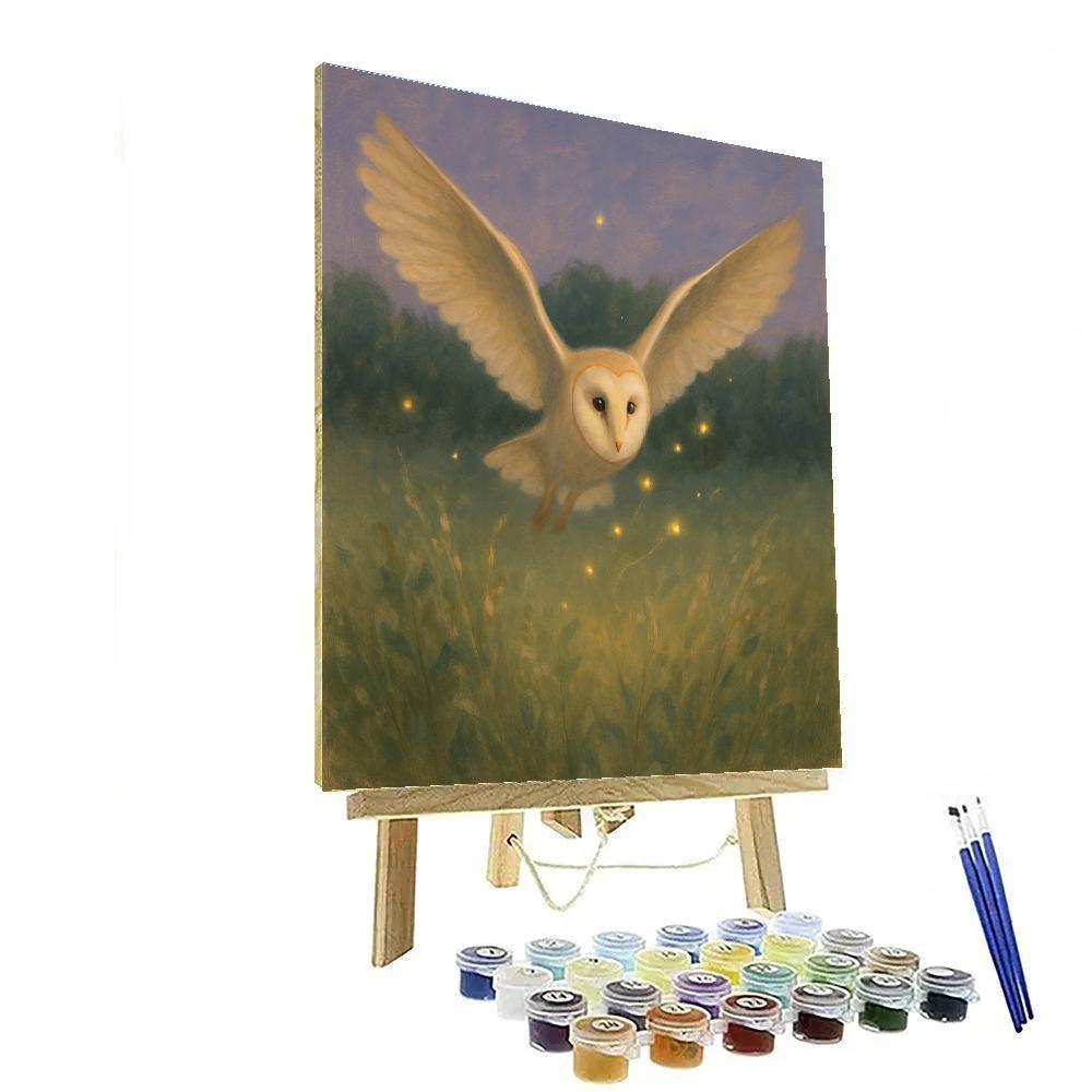 Barn Owl In The Meadow Of Fireflies paint by number