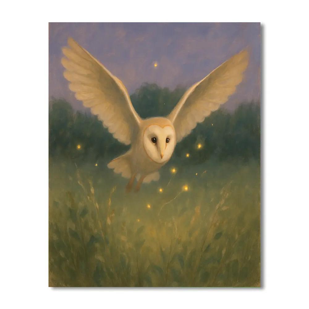 Barn Owl In The Meadow Of Fireflies paint by number