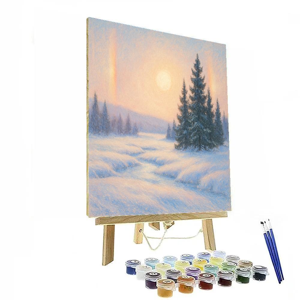 Snowy Pine Meadow With Sun Dogs paint by number