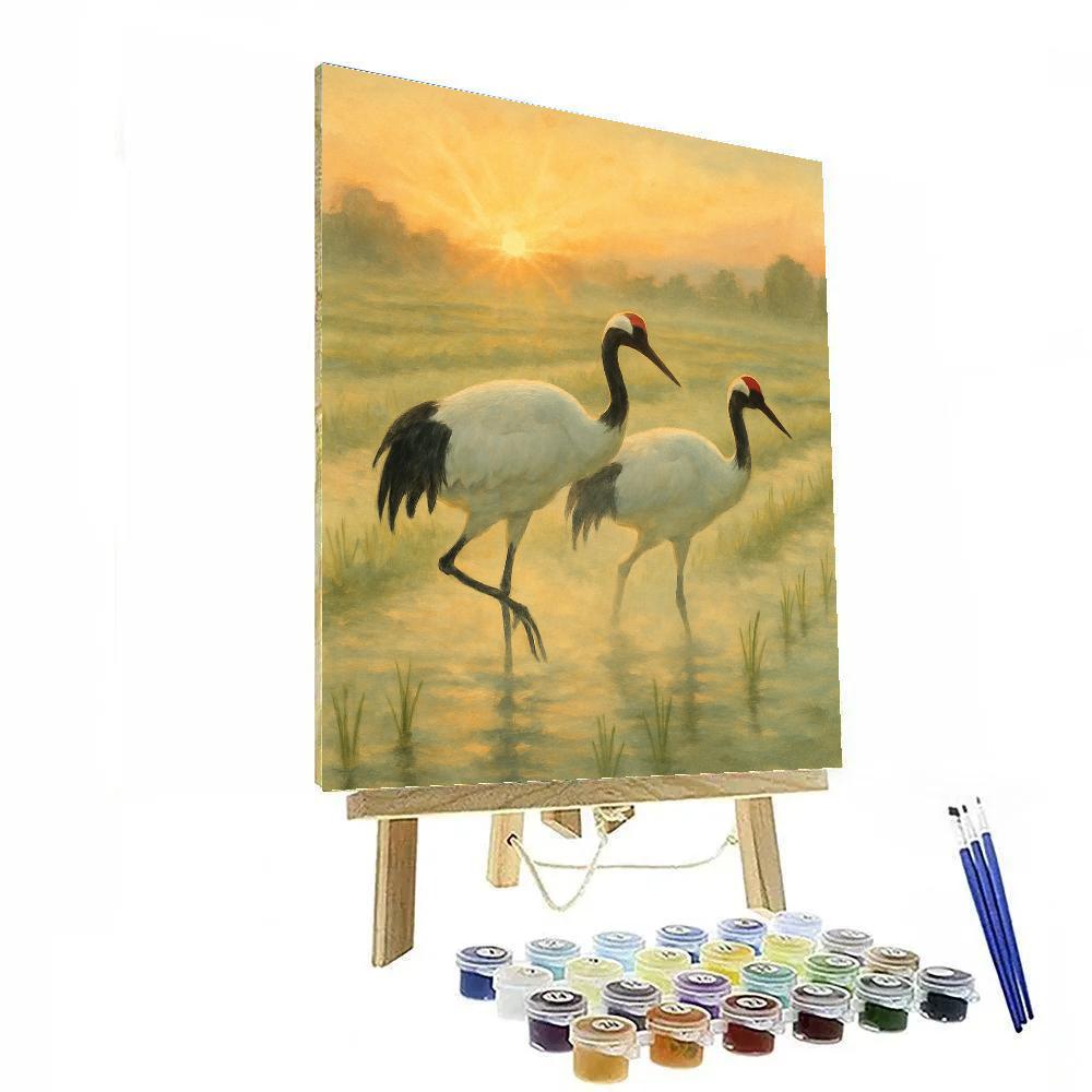 Cranes At Sunrise Over The Rice Fields Numbered painting kits