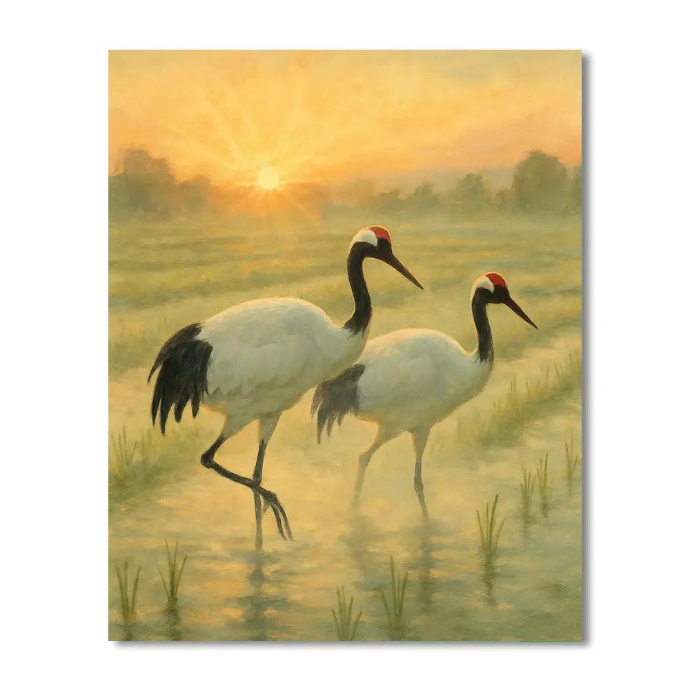 Cranes At Sunrise Over The Rice Fields Numbered painting kits