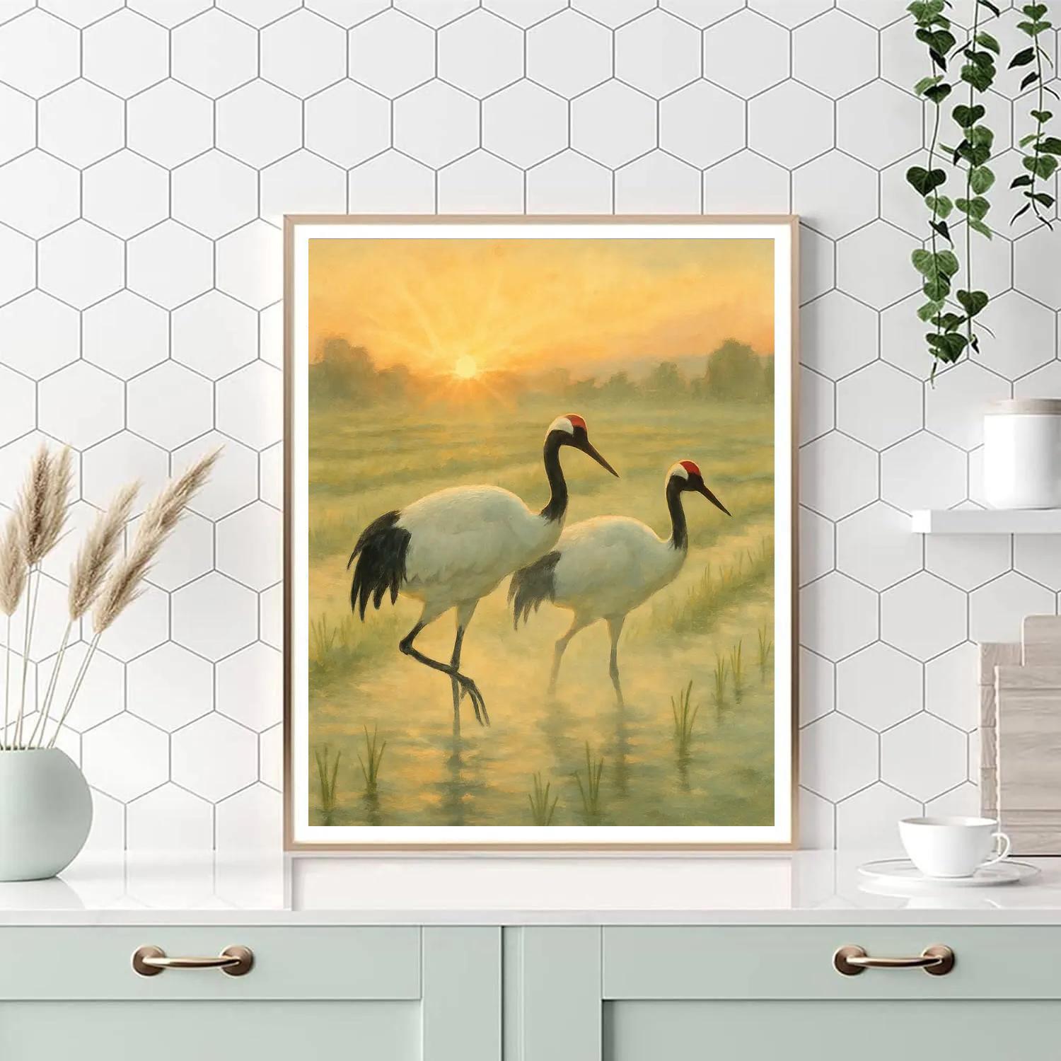 Cranes At Sunrise Over The Rice Fields Numbered painting kits