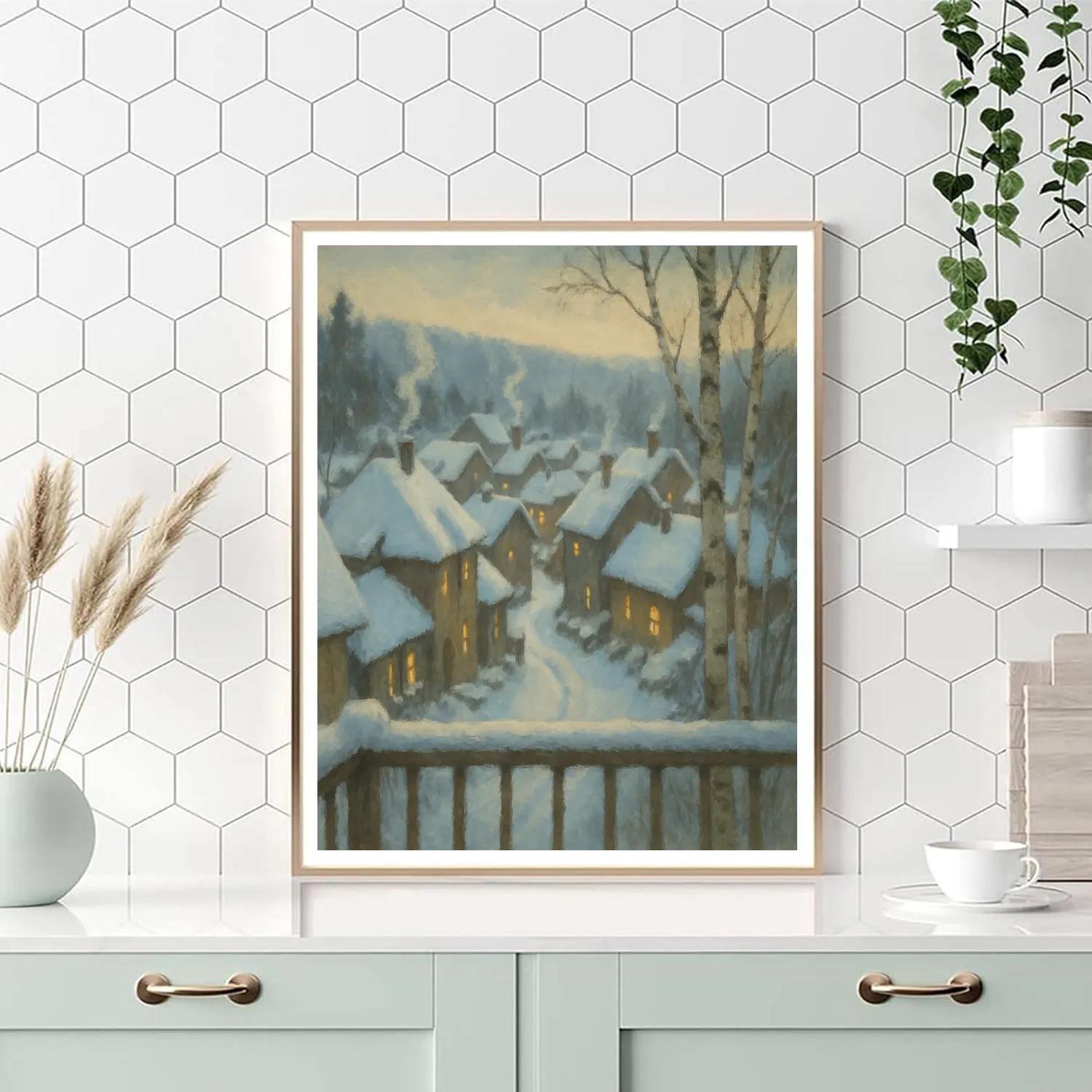 Village Rooftops In Gentle Snowglobe Quiet paint by number
