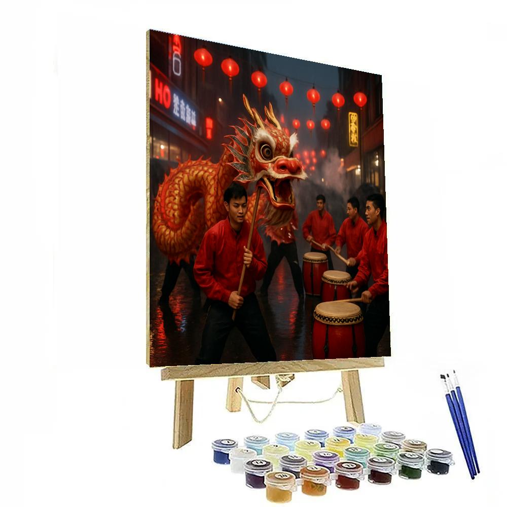 Lunar New Year Dragon Dance Chinatown Rainy Night Number painting