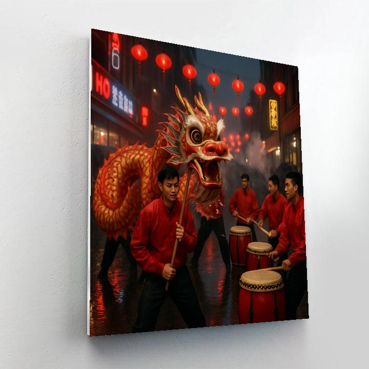 Lunar New Year Dragon Dance Chinatown Rainy Night Number painting