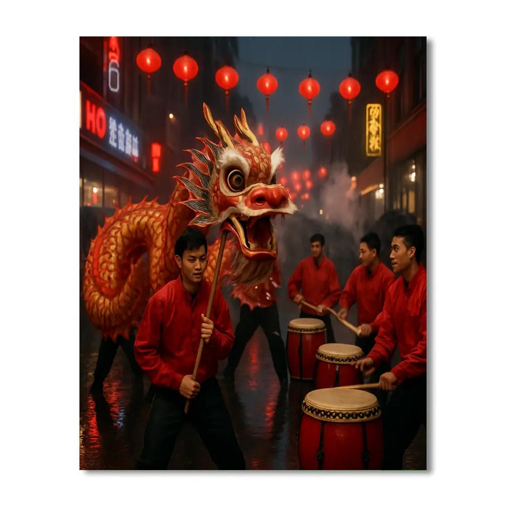 Lunar New Year Dragon Dance Chinatown Rainy Night Number painting